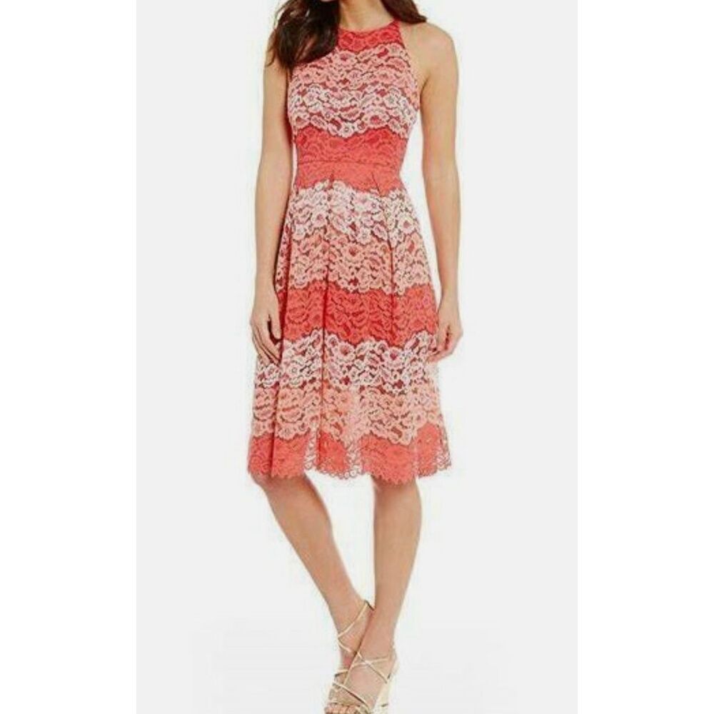 Belle by Badgley Mischka size 2 A-Line Dress coral pink white lace